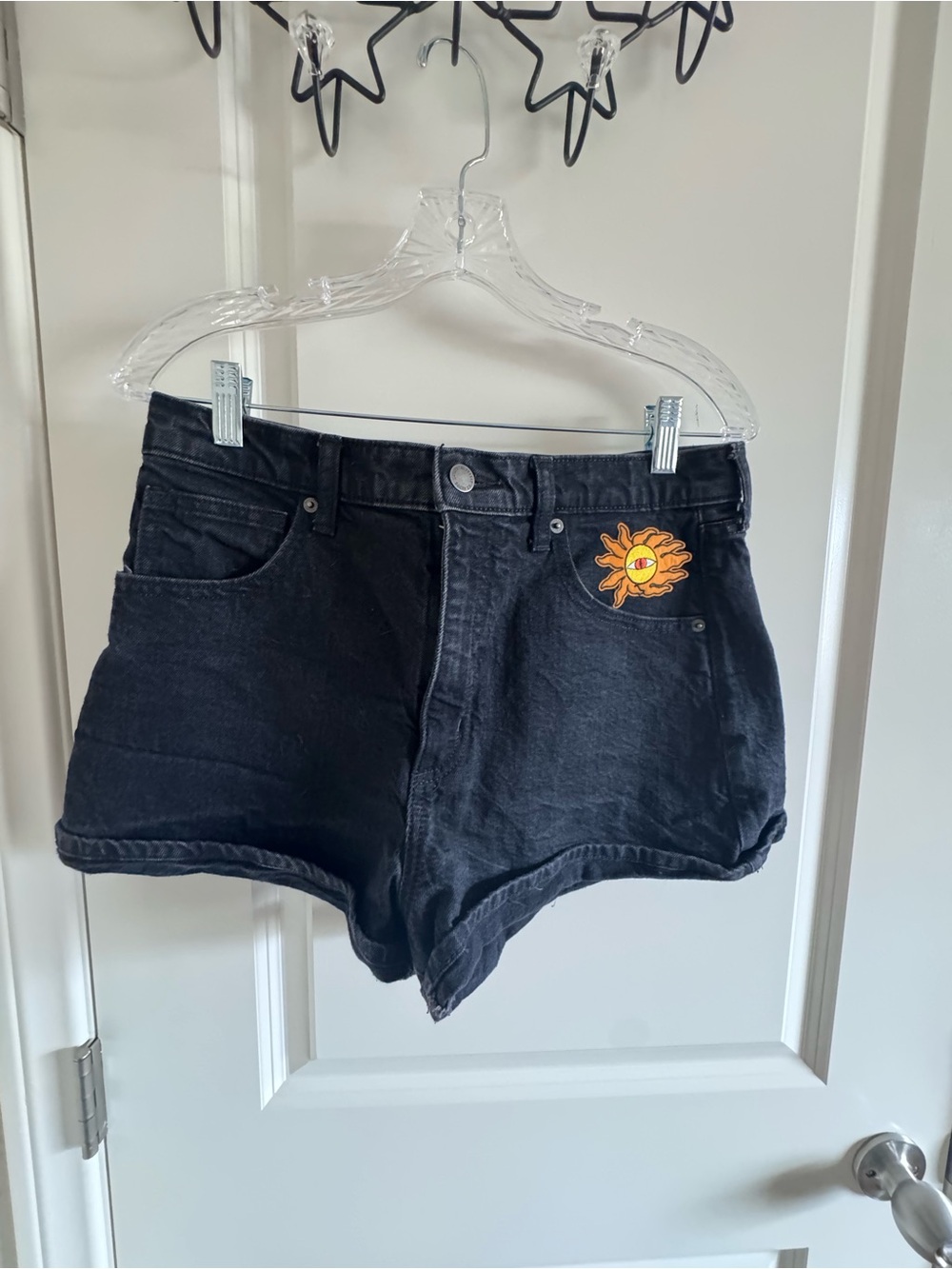 Universal Thread Black Denim High-Rise Shorts with Sun and Tarot Card Patch